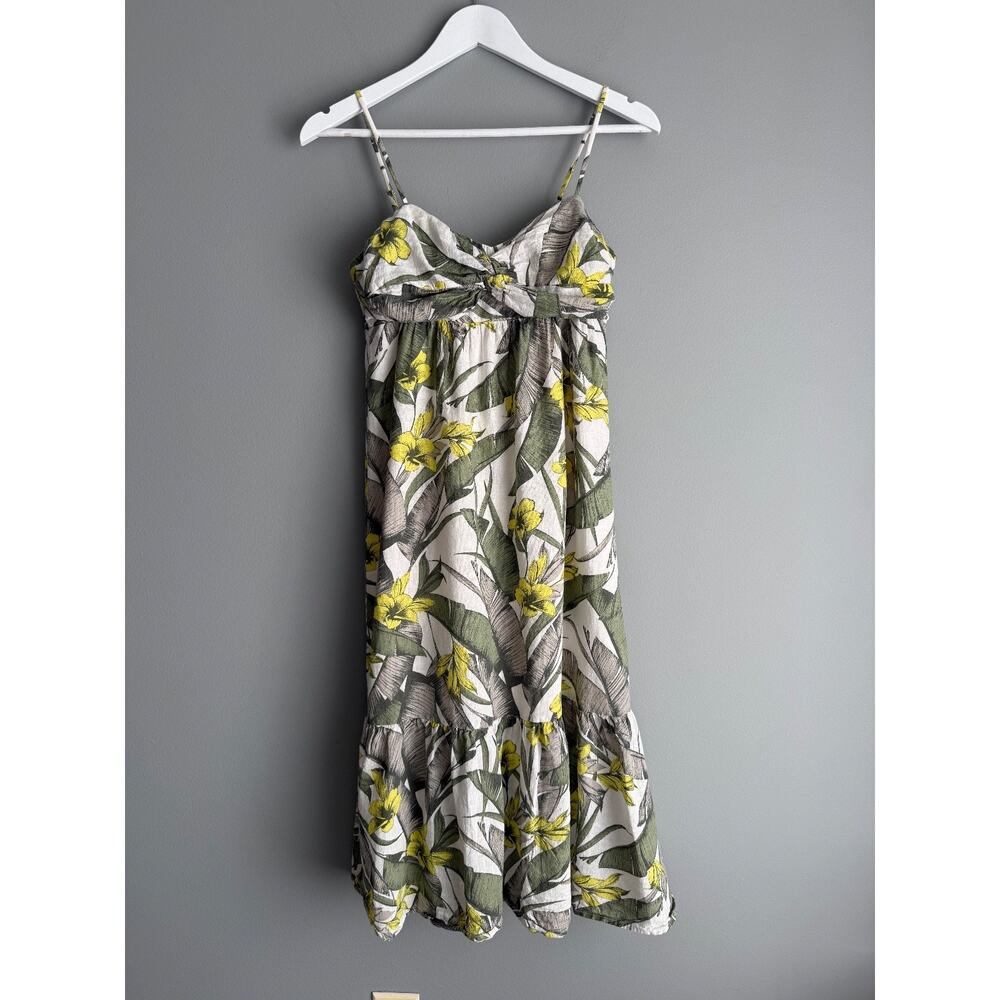 Banana Republic Linen Dress Size 0/XS Yellow Floral Smocked Twist Front Midi